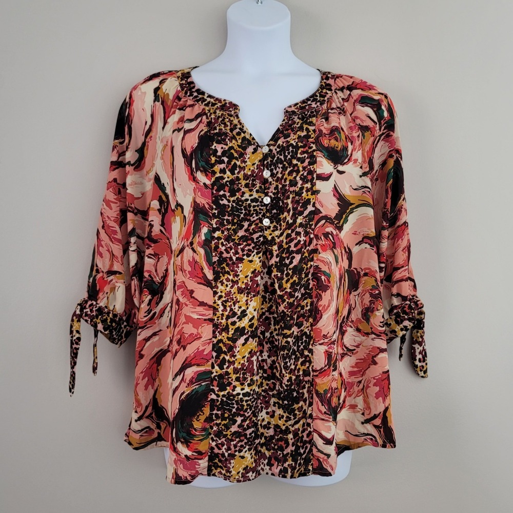 FIG & FLOWER Size 1X Floral Animal Print Chiffon Blouse 3/4 Sleeve Popover Top - Picture 2 of 8